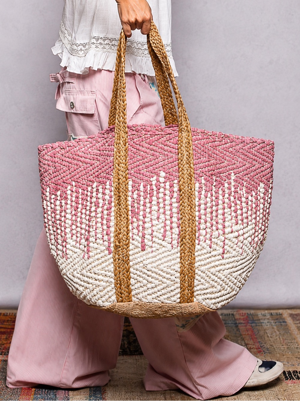 POL Handwoven Pink and Cream Tote Bag with Braided Tan Handles